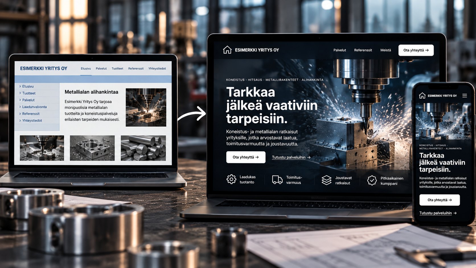 Vanha, vaalea sivusto muuttuu uudeksi, tummasävyiseksi sivustoksi – kuvitteellisen metallialan yrityksen etusivu ennen ja jälkeen.