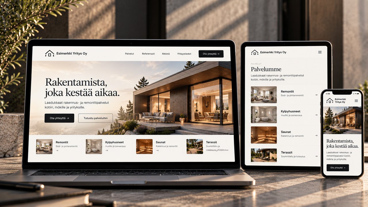 Uuden sivuston etusivu kannettavalla tietokoneella, tabletilla ja puhelimella – kuvitteellinen rakennusalan yritys.