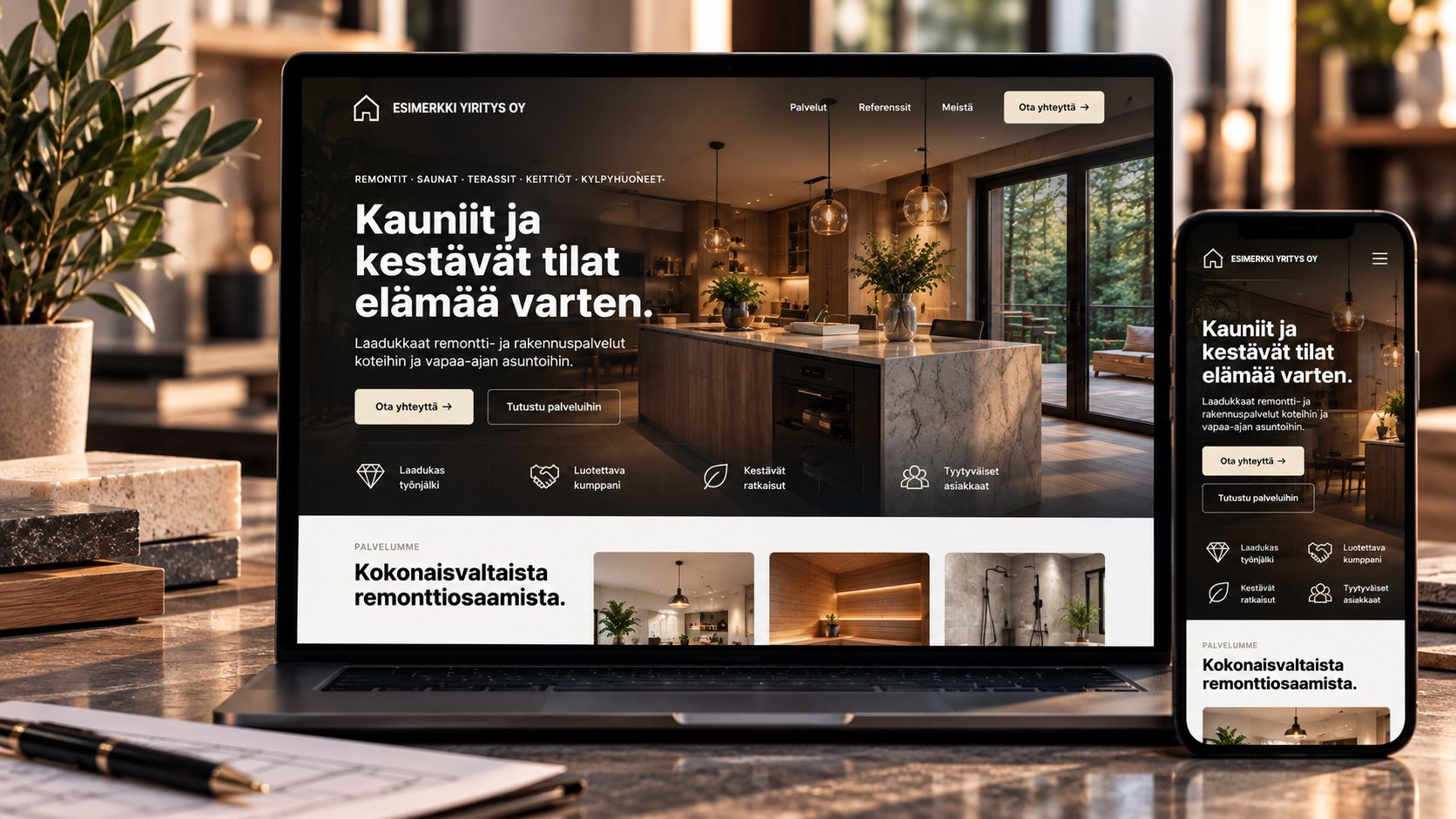 Uusi remonttialan yrityksen sivusto kannettavalla tietokoneella ja puhelimella – kuvitteellinen Esimerkki Yritys Oy.